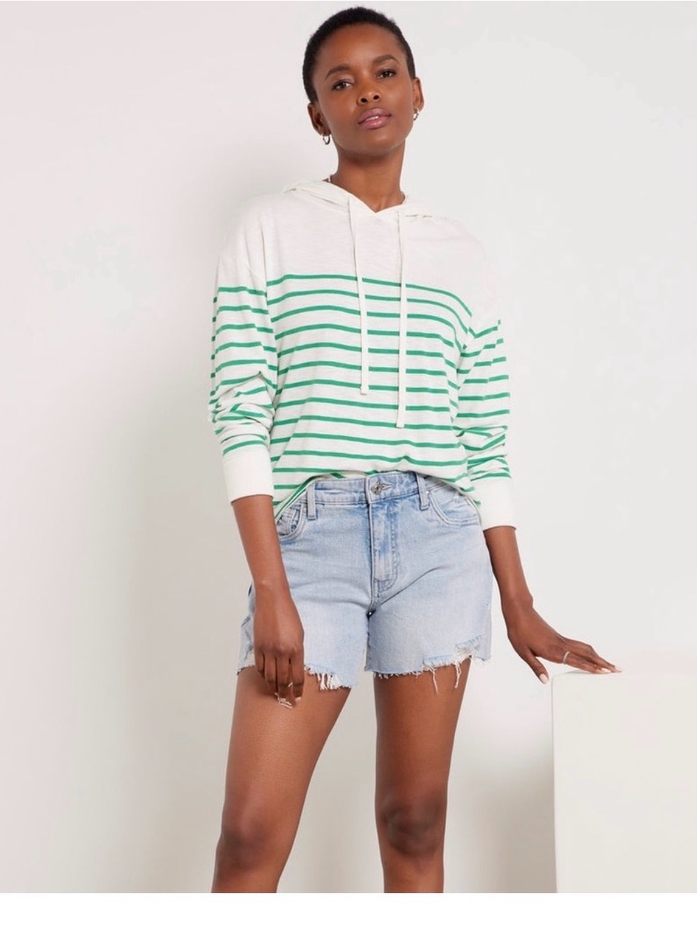 Evereve Striped Green & White Hoodie Top size xl